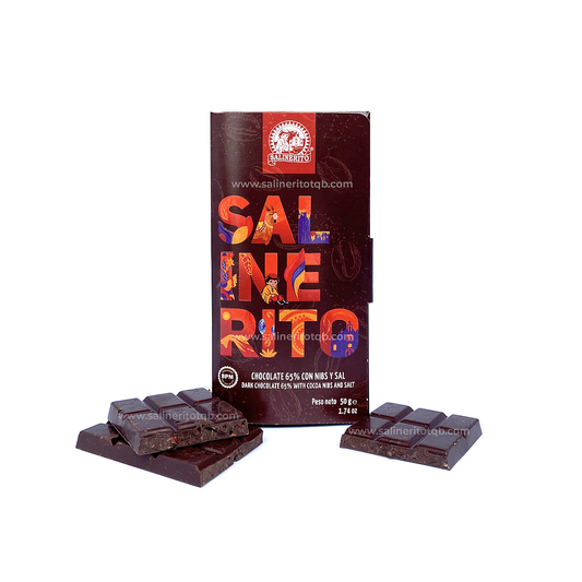 Tableta de chocolate al 65% con nibs y sal, Salinerito, 50g