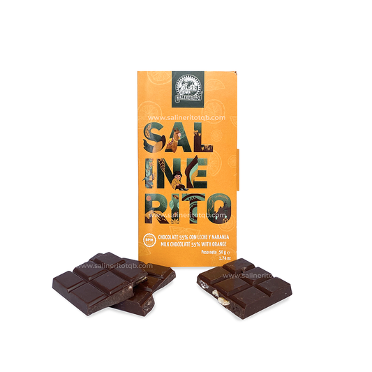 Tableta de chocolate al 55% con leche y naranja, Salinerito, 50g