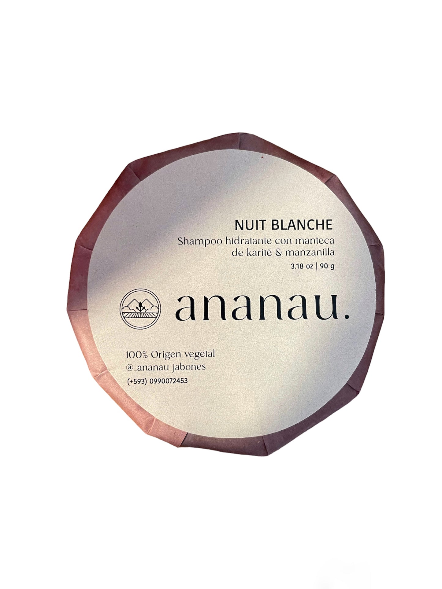 Shampoo sólido biodegradable, sin sal , sulfatos, fragancias sintéticas, ni parabenos. Ananau, 90g